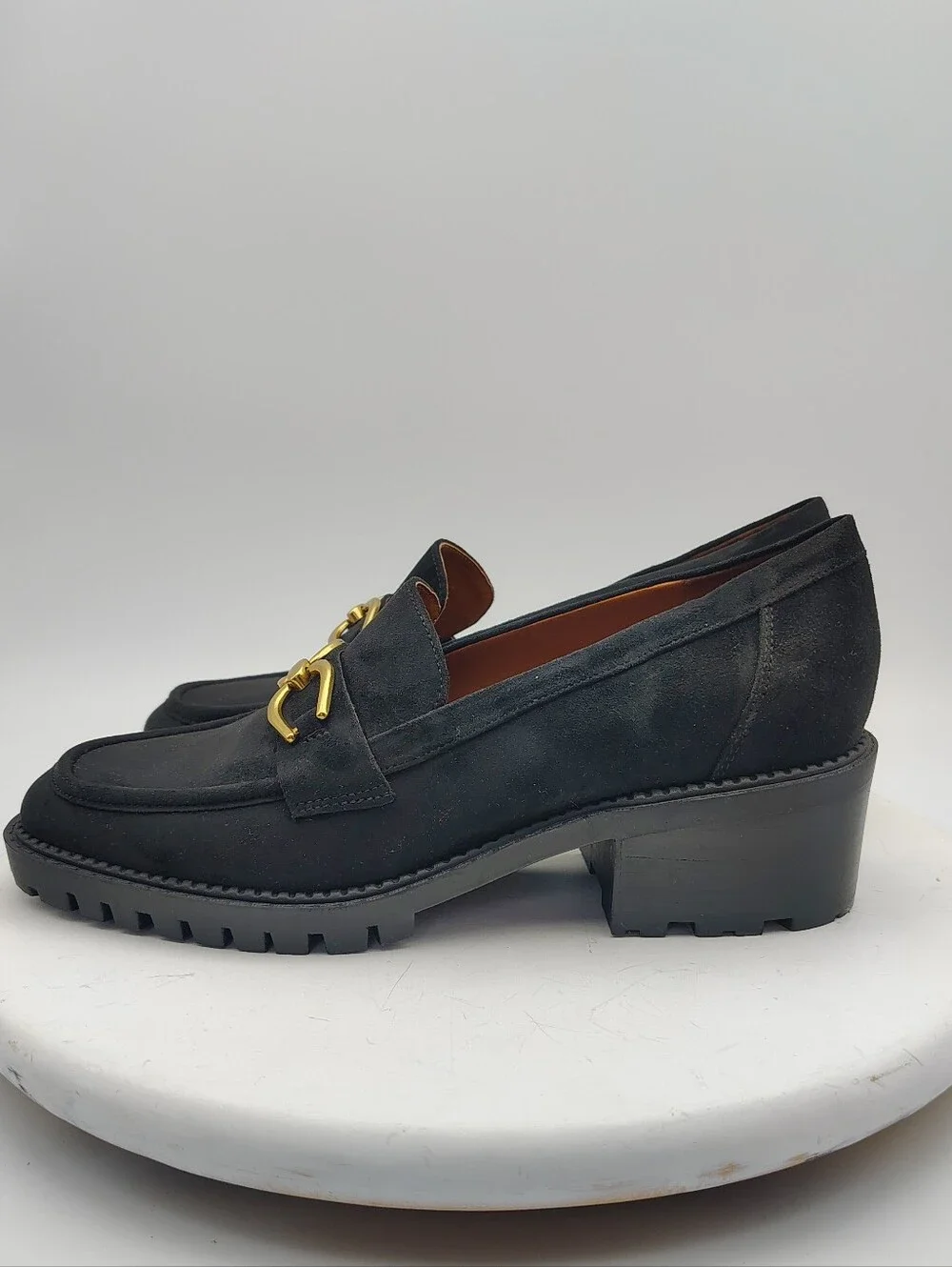 New Marc Fisher Black Suede Lug Sole Loafers with Gold Hardware Accents Size 9.5